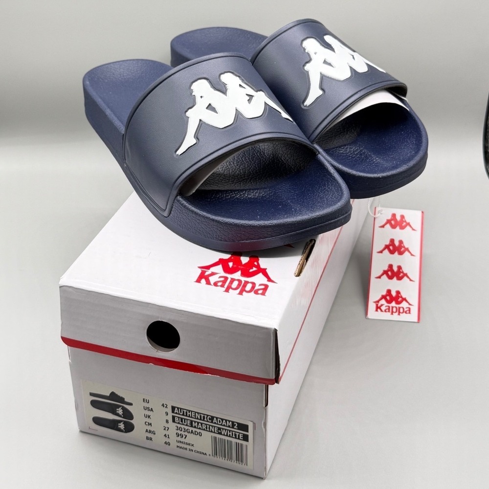 Kappa Authentic Adam 2 Slides Navy Blue White Omini Logo Sandals Mens 9 NIB